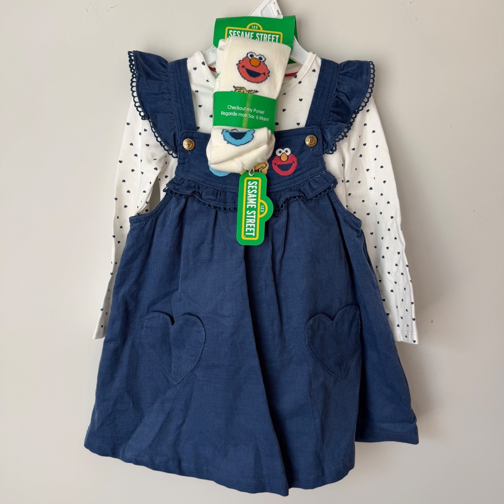 New 2T Sesame Street Friends Toddler Girl Corduroy Dress Outfit Socks Bag Blue